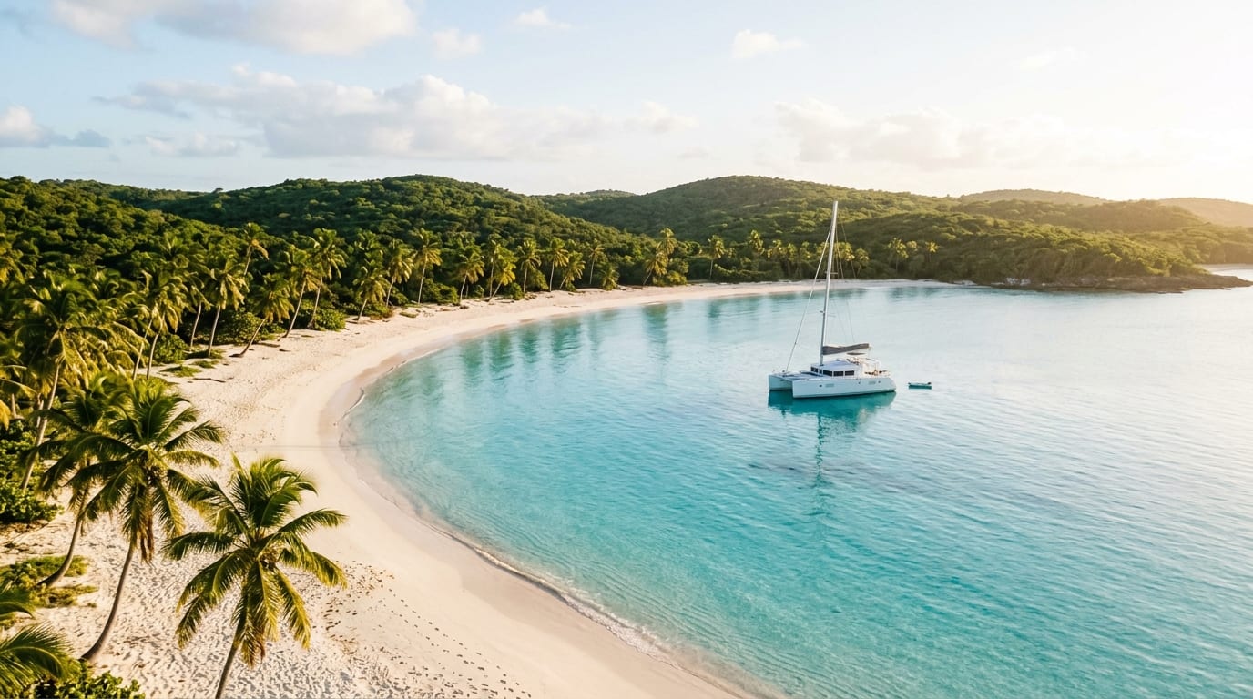 Crescent white sand beach at Fernandez Bay with turquoise water, coconut palms, and a sailing yacht at anchor