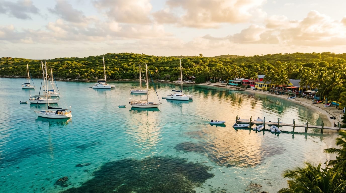 Sailboats anchored in Fishers Bay with Great Guana Cay's beach bar scene and palm trees visible along the shore