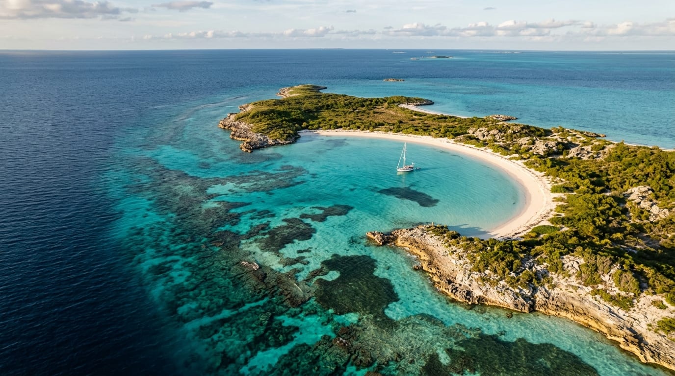Aerial view of Flamingo Cay showing turquoise waters surrounding a low limestone cay with white sand beaches and coral reef visible beneath crystal clear water