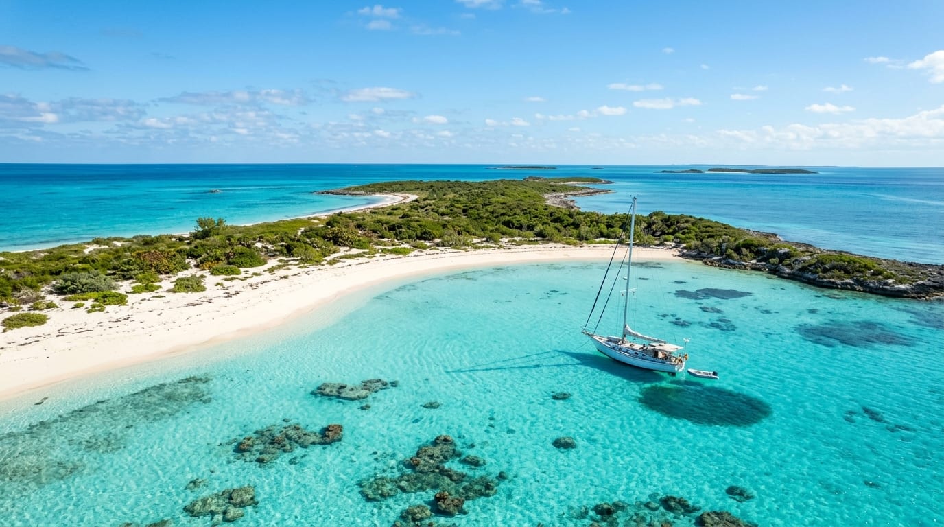 Crystal-clear turquoise water at Flamingo Cay anchorage with white sand beach and low scrub vegetation on the uninhabited cay