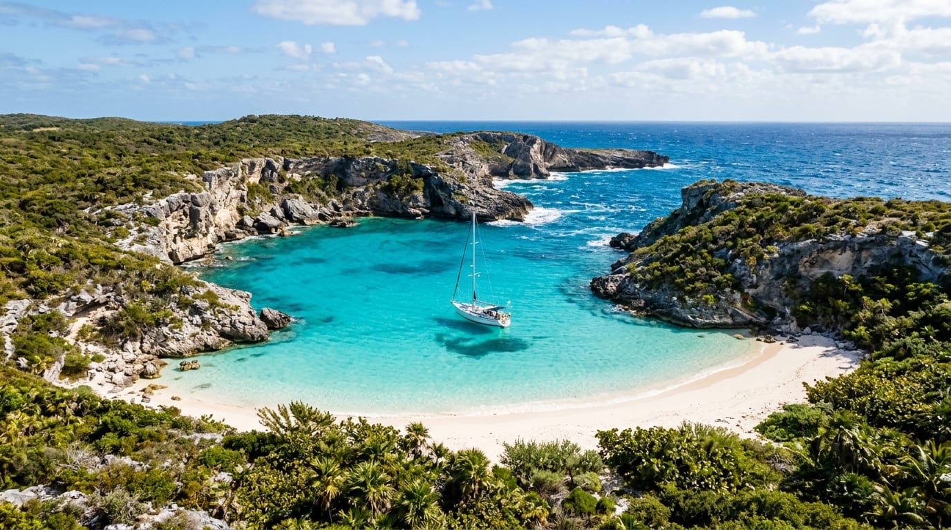 Sailboat anchored in a horseshoe bay at Fowl Cay with rocky outcrops protecting the turquoise waters