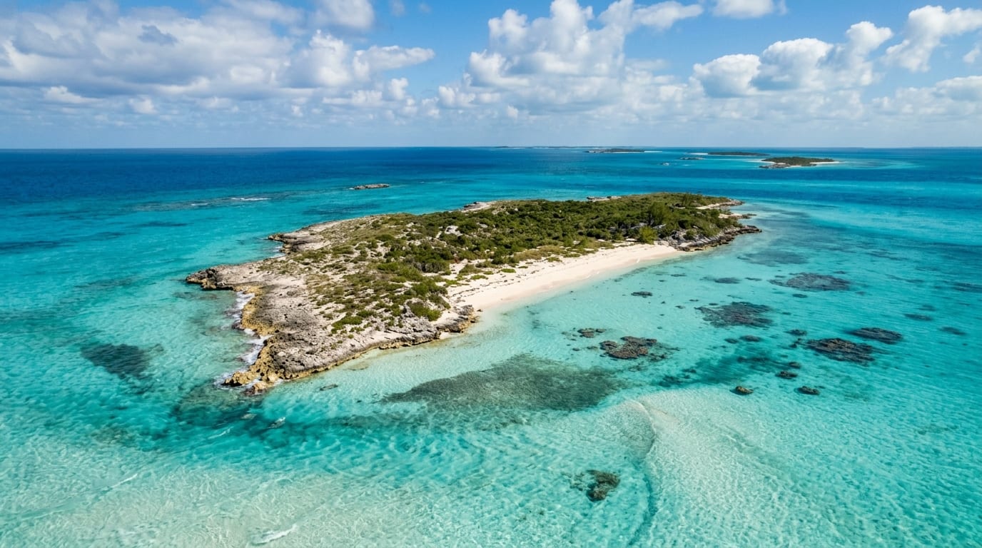 Small uninhabited Fowl Cay in the Berry Islands Bahamas with turquoise water and visible tidal current patterns