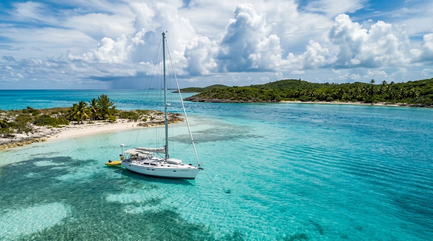 Sailing yacht at anchor in the protected waters of Frazer's Hog Cay with Bird Cay visible in the background providing shelter from easterly winds