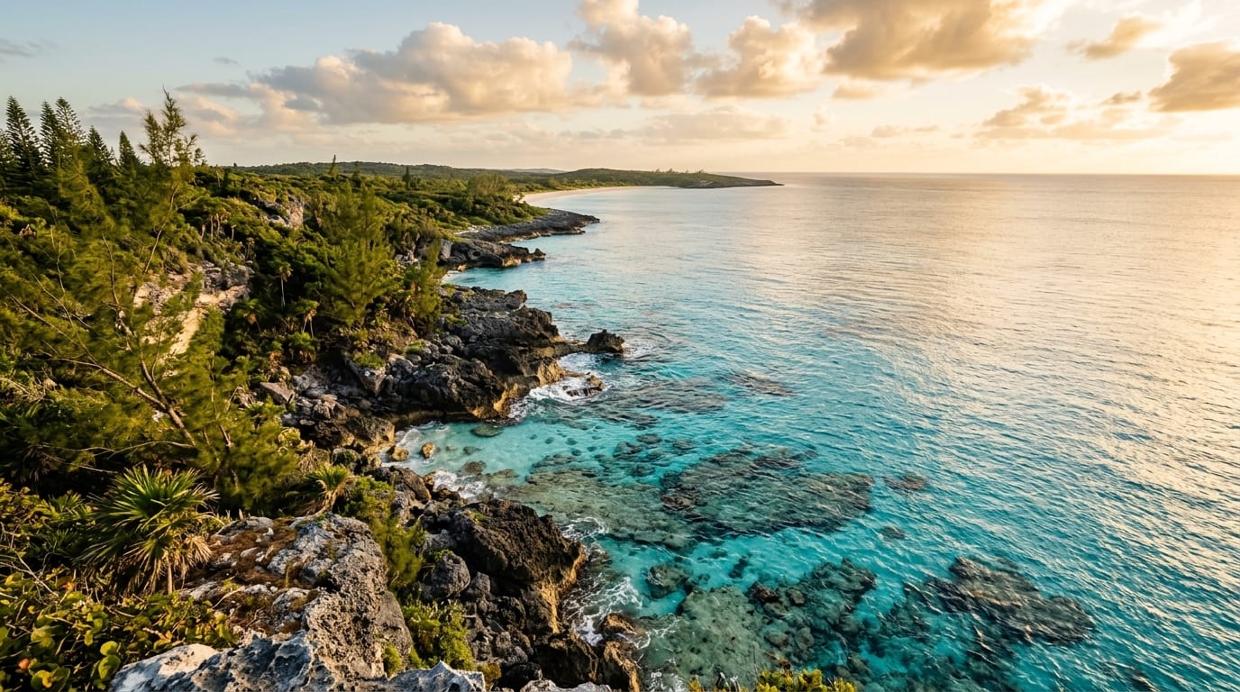 Dramatic coastline at French Bay with crystal-clear water over reef formations and Sandy Point visible in the distance