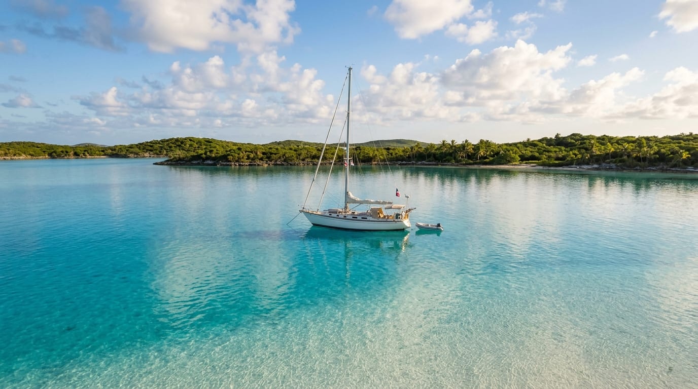 Calm turquoise waters of French Wells anchorage with Long Cay visible in the background and white sand bottom visible through crystal-clear water