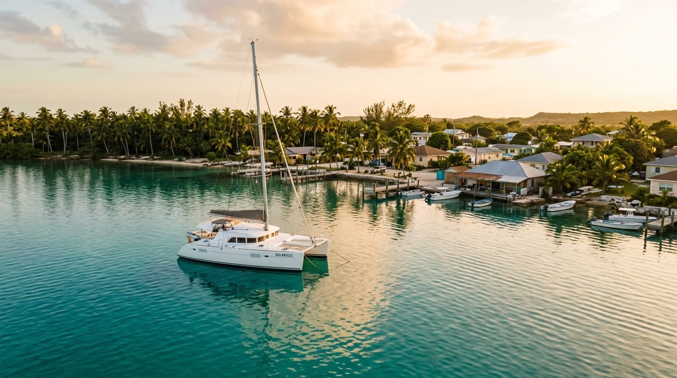 Sailboat at anchor in the tidal waters of Fresh Creek with the Andros shoreline and palm trees in the background