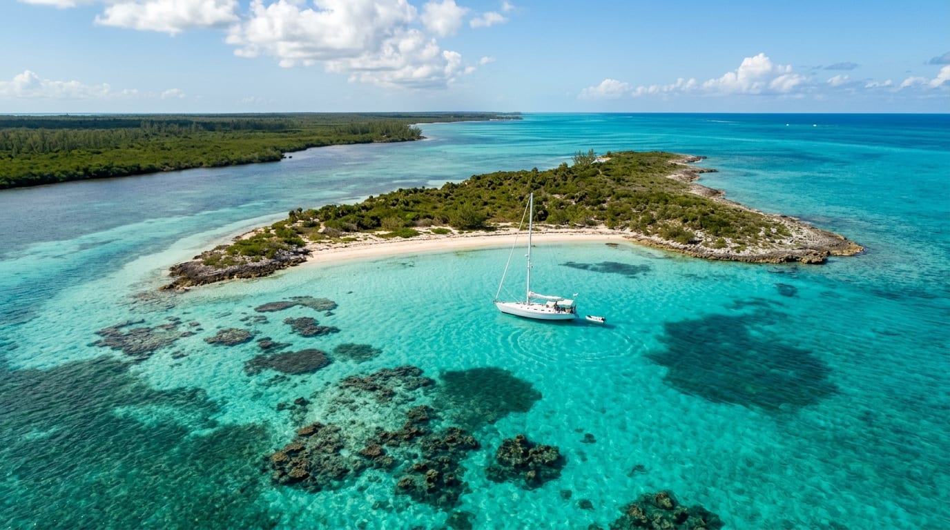 Crystal-clear turquoise water surrounding Goat Cay with coral patches visible beneath the surface
