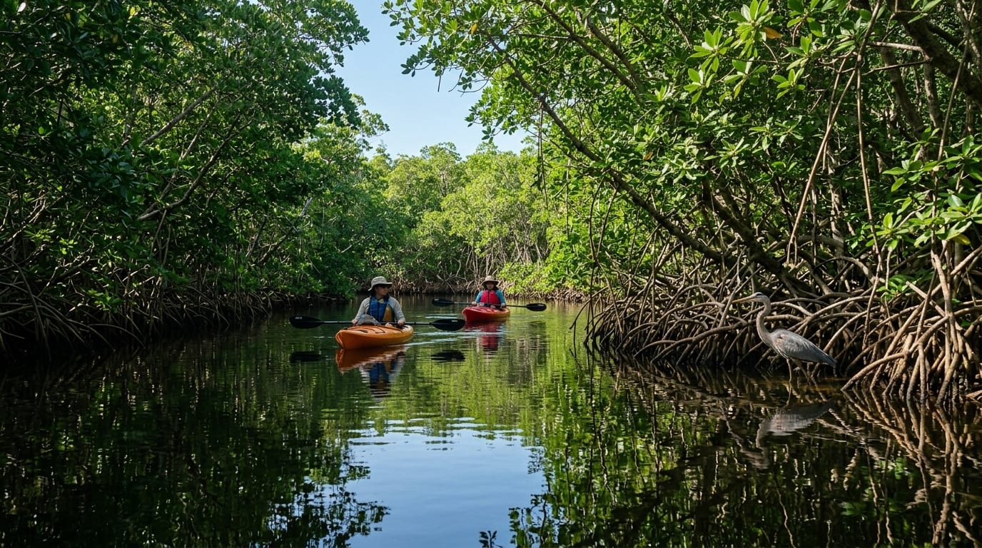 Kayakers paddling through calm mangrove-lined Gold Rock Creek with lush green vegetation reflecting on still water