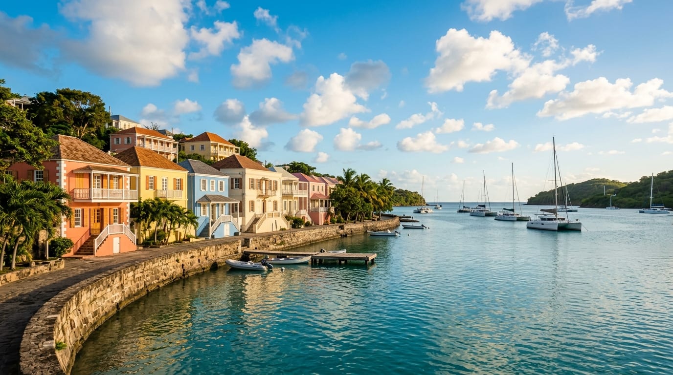 Colourful colonial buildings on Cupid's Cay overlooking the calm turquoise waters of Governor's Harbour with boats at anchor