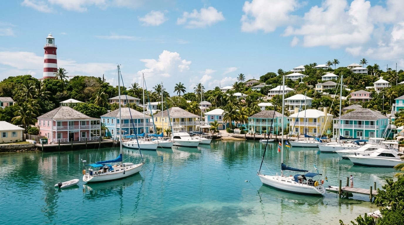 Colourful colonial buildings on Cupids Cay with sailboats anchored in the harbour and hillside settlement rising behind