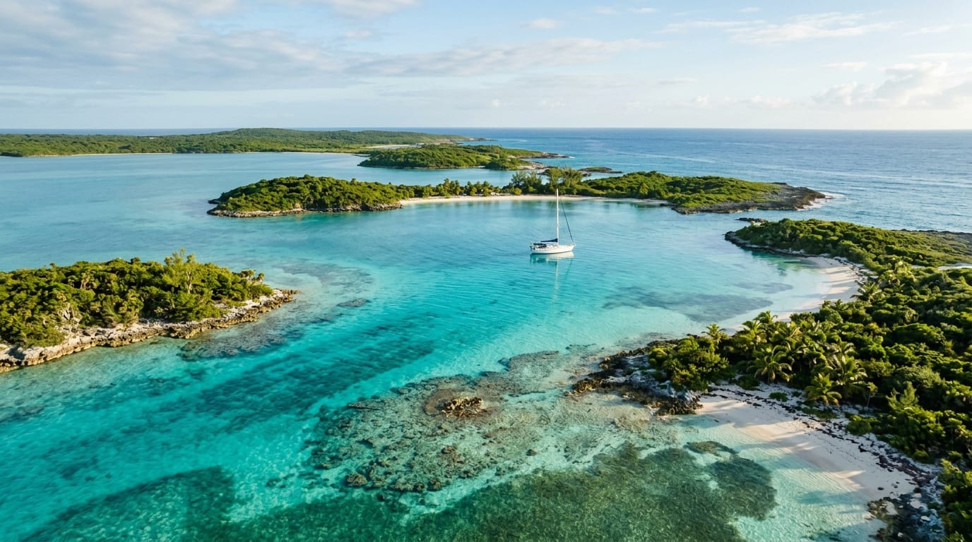 Scenic Graham's Harbour with small cays visible and crystal-clear water over reef formations