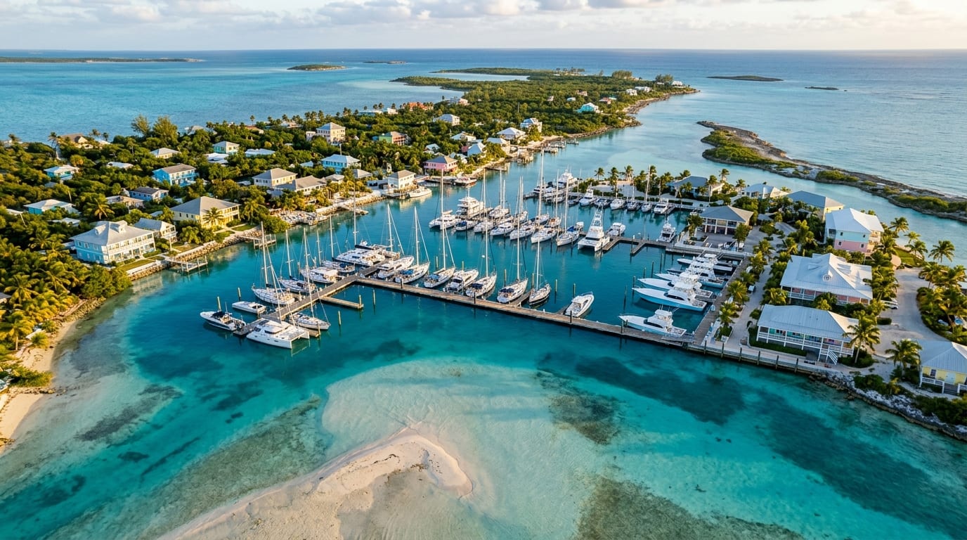 Great Harbour Cay Marina with several yachts at dock in calm protected waters, palm trees and the settlement of Bullock's Harbour visible ashore