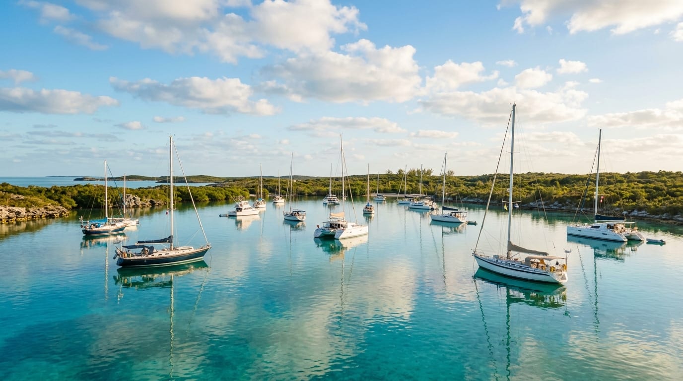 Several sailboats anchored in the protected Northwest Harbor of Great Sale Cay with low mangrove shoreline and calm turquoise water