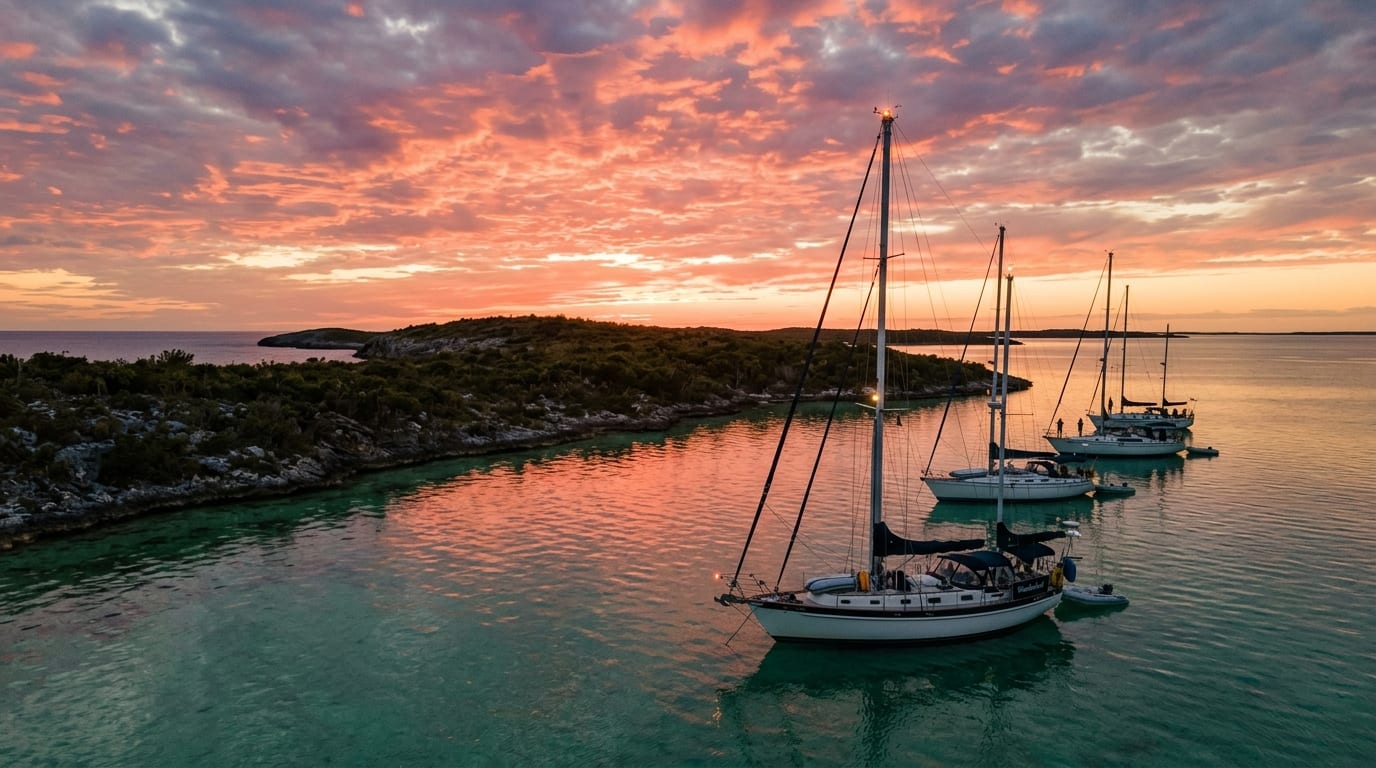 Several cruising sailboats at anchor in the lee of Great Sale Cay at sunset with dramatic clouds over the shallow Little Bahama Bank waters