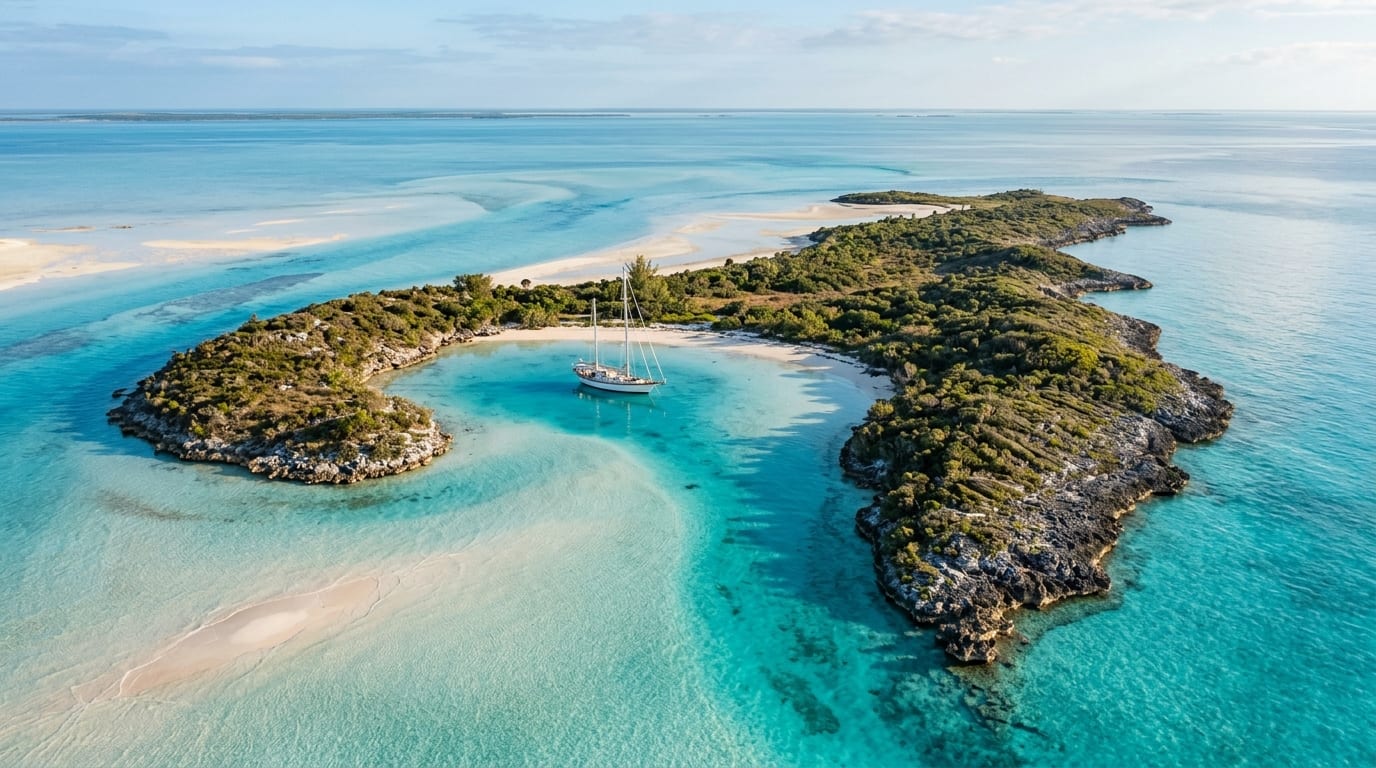 Aerial view of Great Sale Cay showing the stirrup-shaped uninhabited island with turquoise shallow waters of the Little Bahama Bank surrounding it