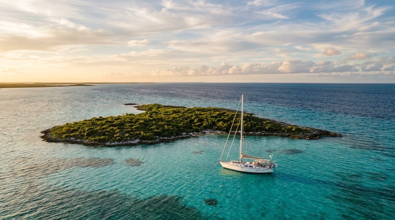 Green Cay rising from shallow turquoise water at the edge of the deep blue Tongue of the Ocean
