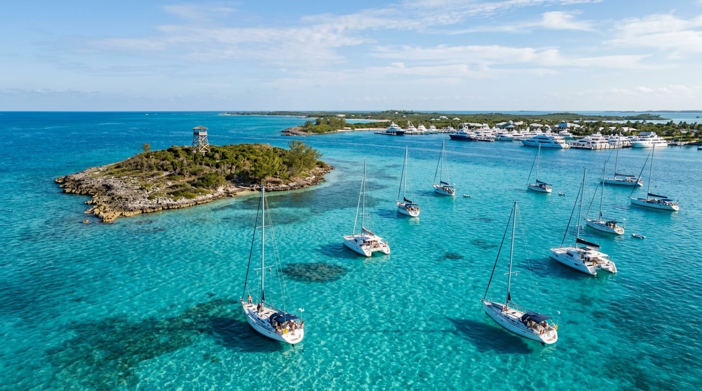 Anchorage area near Gumelemi Cay at Great Guana Cay's northern end with sailboats at anchor and the small wooden tower visible on the uninhabited cay