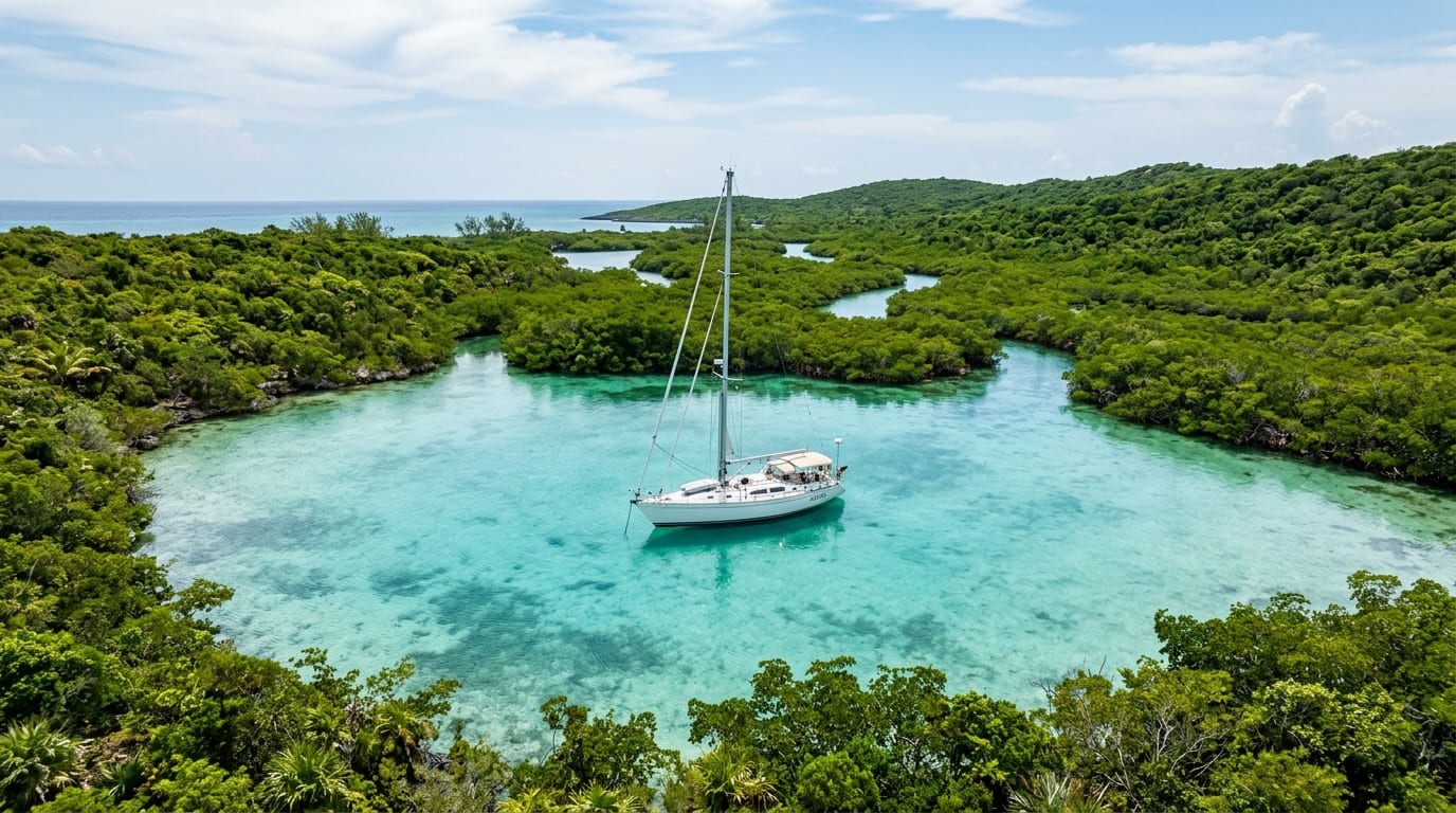 Calm protected sound with turquoise water surrounded by mangroves and low vegetation with a sailboat at anchor