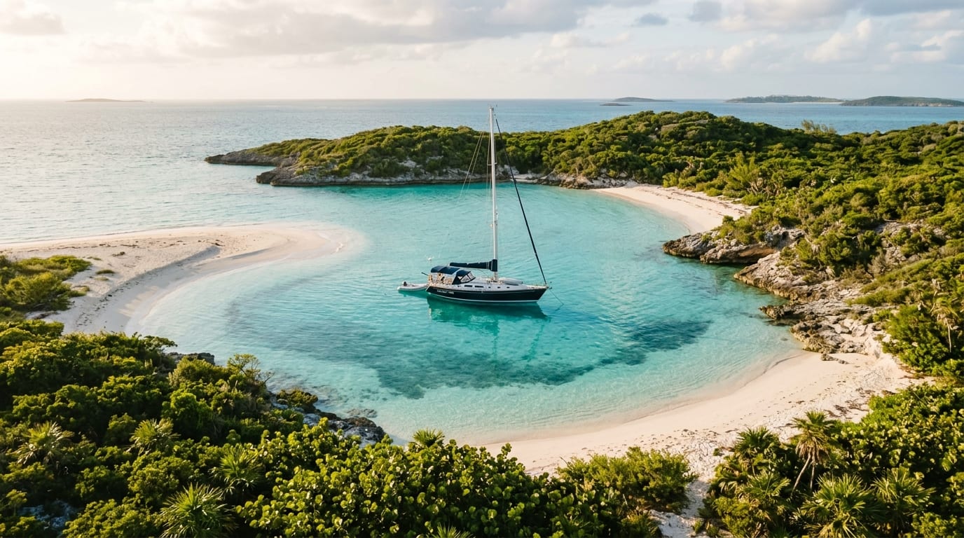 Single sailboat anchored in a protected cove at Halls Pond Cay with sandbars and low cays surrounding turquoise water