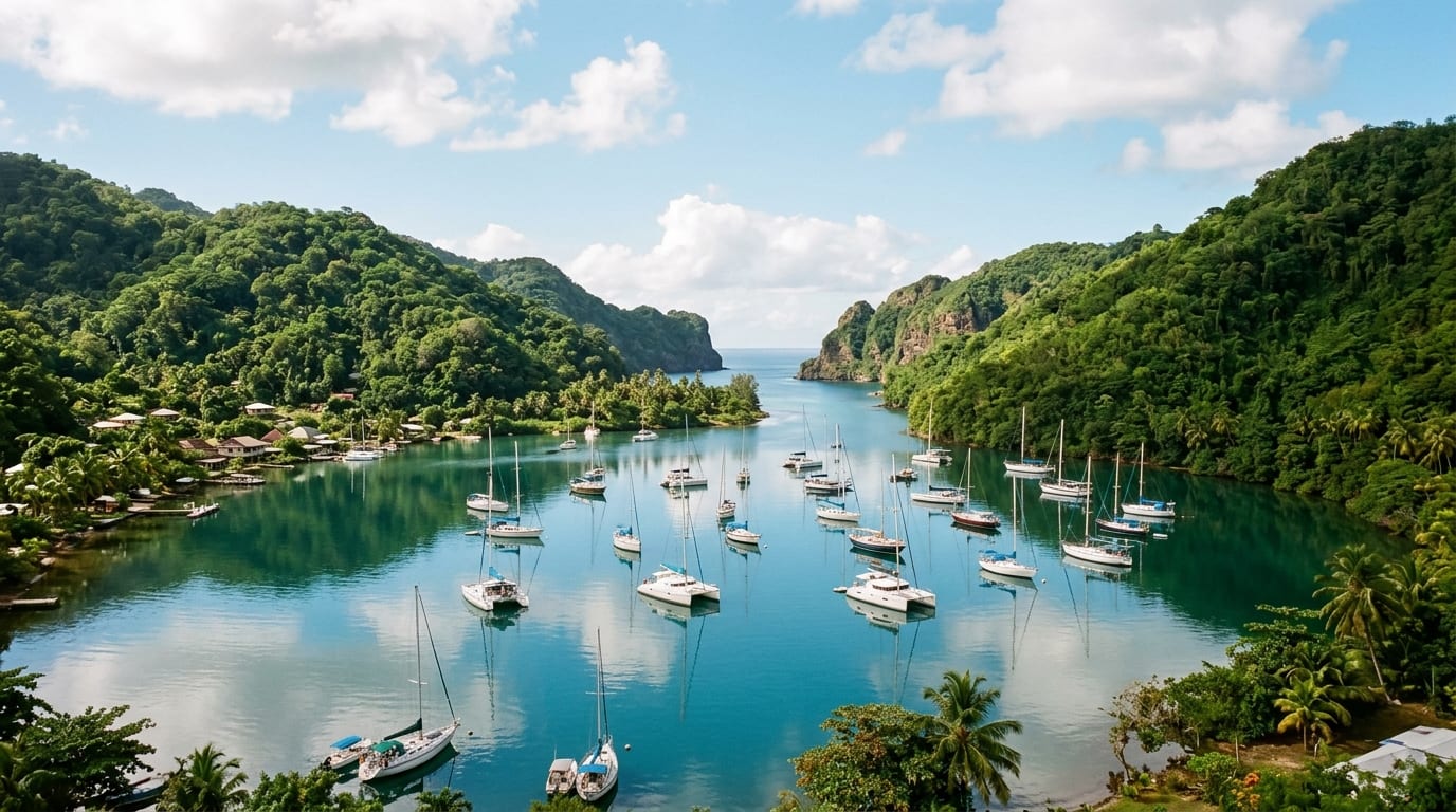 Calm enclosed harbour with sailboats at anchor surrounded by green hillsides, narrow cliff entrance visible in the distance