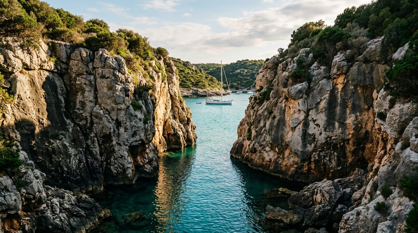 The dramatic narrow entrance to Hatchet Bay cut through high limestone cliffs with calm protected harbour waters visible beyond