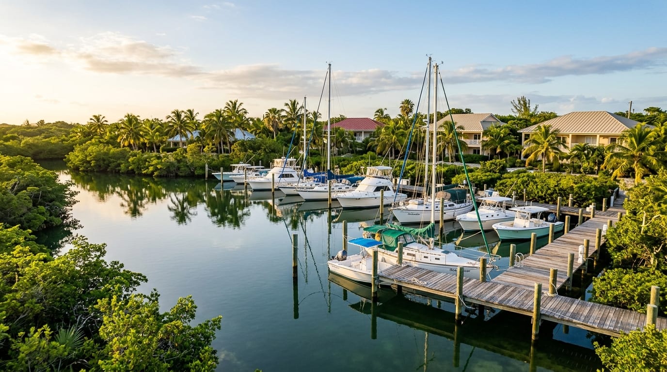Protected marina at Hawks Nest Creek with boats docked along the pier and palm-lined beach in the background