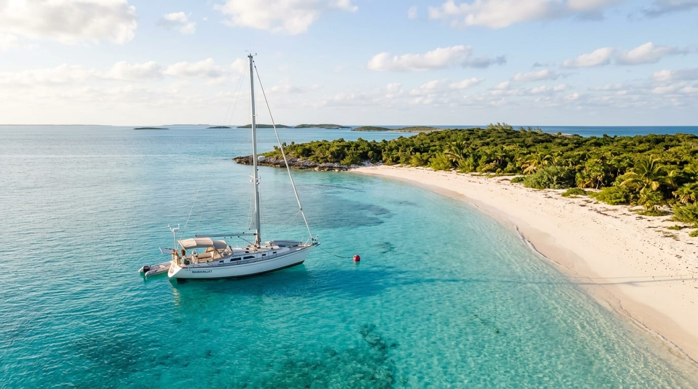 Sailing yacht on a mooring ball in turquoise water off a white sand beach at Hawksbill Cay in the Exumas