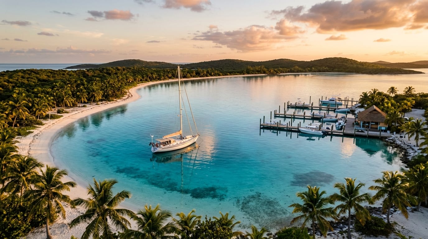 Sailing yacht at anchor in turquoise water off Highborne Cay with marina docks and white sand beach visible in the northern Exumas