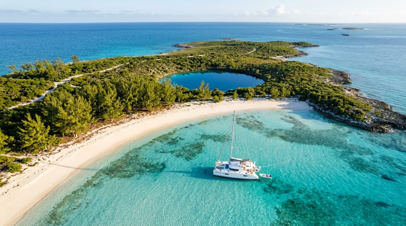 Aerial view of Hoffman's Cay anchorage showing a sailing catamaran at anchor in turquoise waters near a white sand beach with the inland blue hole visible beyond the tree line