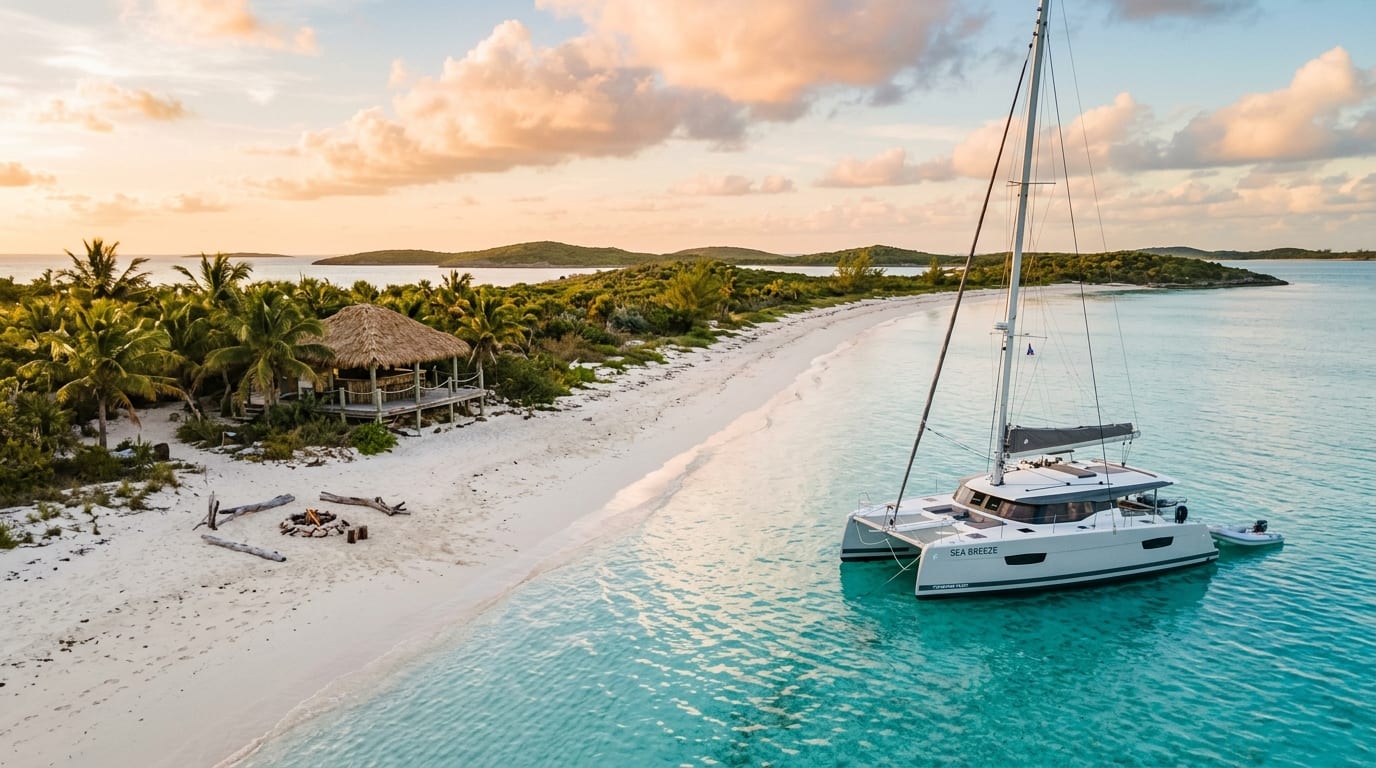 Sailing catamaran anchored in crystal-clear turquoise water off the white sand beach at Hog Cay with the cruiser-built tiki bar visible among the palm trees