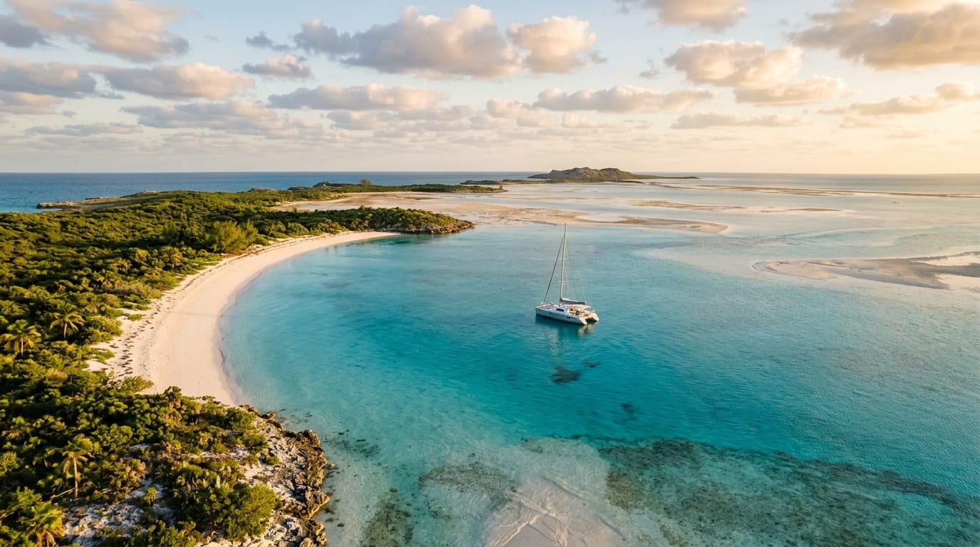 Large turquoise bay at Hog Cay with sailboat anchored near white sand beach and Ragged Island visible in the distance