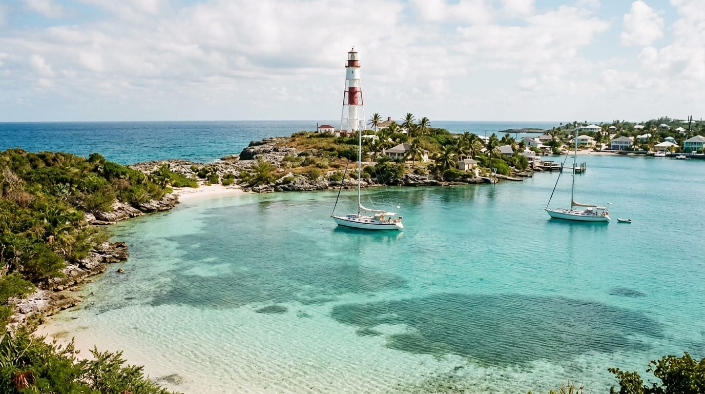 Crystal-clear turquoise water at Honeymoon Harbour anchorage with the historic Gun Cay lighthouse rising against a blue Bahamian sky