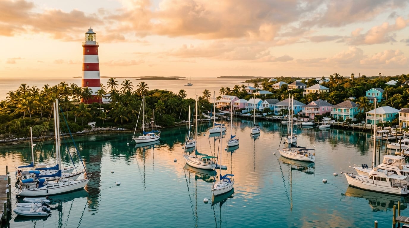 Candy-striped Elbow Reef Lighthouse rising above Hope Town Harbour with sailboats on moorings and pastel cottages lining the waterfront