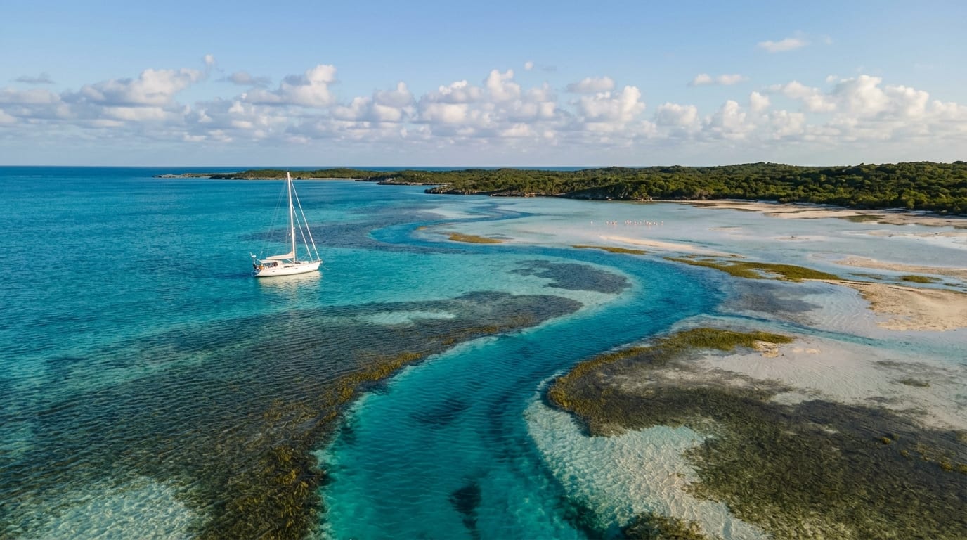 Shallow turquoise waters of Jamaica Bay Acklins with flats extending to horizon and lone sailboat anchored in deeper channel