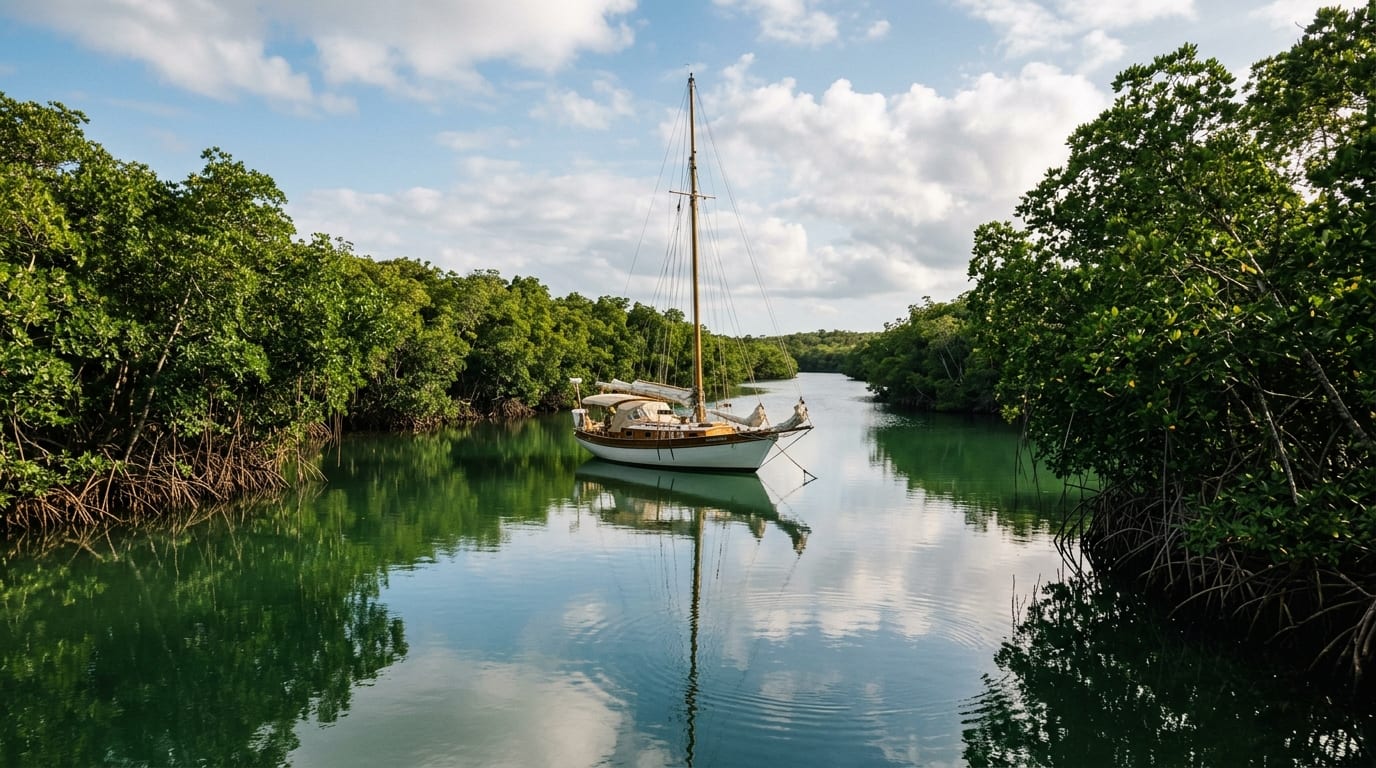 Calm mangrove-lined waters of Joe's Sound with a single sailboat at anchor surrounded by lush green vegetation