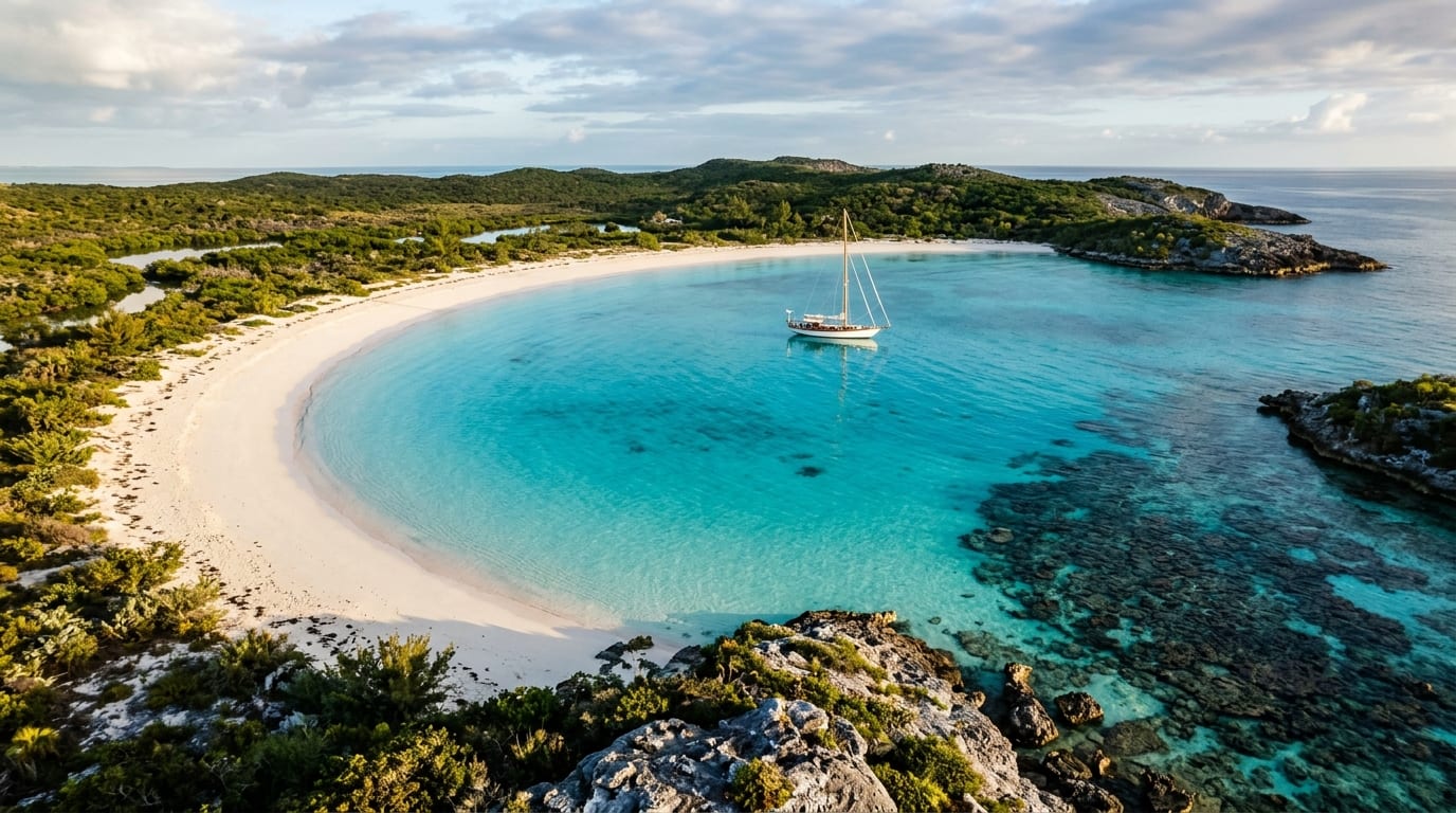 Horseshoe shaped bay at Johnson Cay with turquoise water white sand beach and coral reef visible along the western edge of the cove