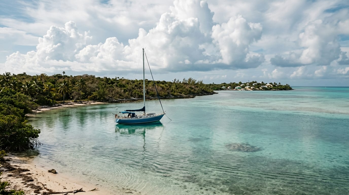 Calm turquoise bay at Kemps Bay South Andros with sailing yacht anchored near palm-lined shore and shallow flats extending toward horizon