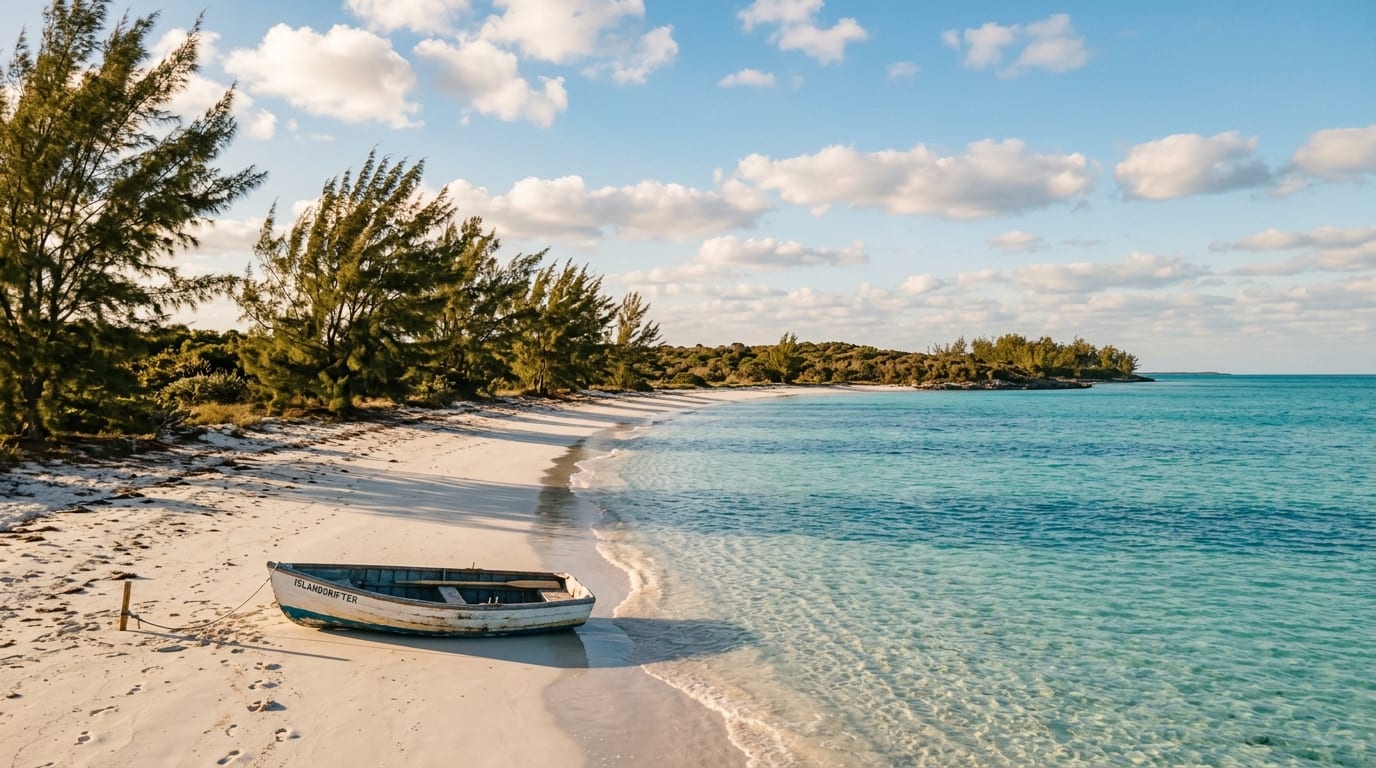 White sand beach at Landrail Point with casuarina trees and calm turquoise water in the foreground and Crooked Island coastline stretching into the distance