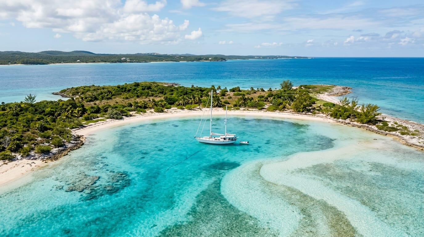 Small island with sandy shores creating a protected anchorage pocket with a sailboat at anchor in calm turquoise water