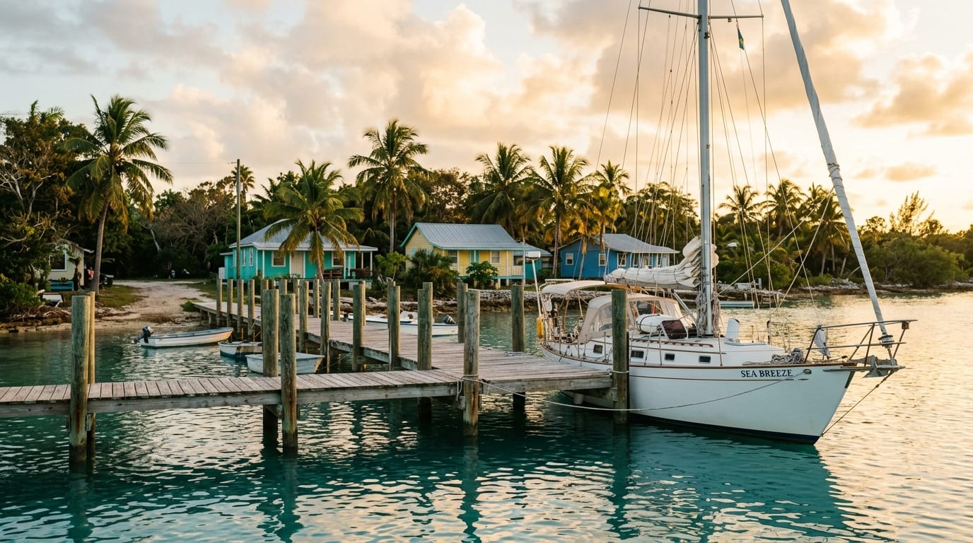 Government dock at Lisbon Creek with a cruising sailboat tied alongside and palm trees ashore