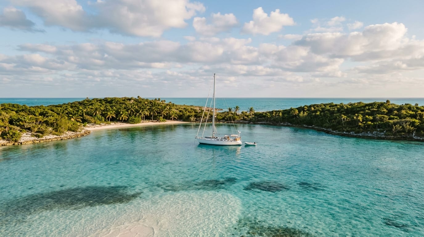 Protected bay anchorage between Little Darby Island and Big Darby Island with turquoise water and tropical vegetation in the central Exumas