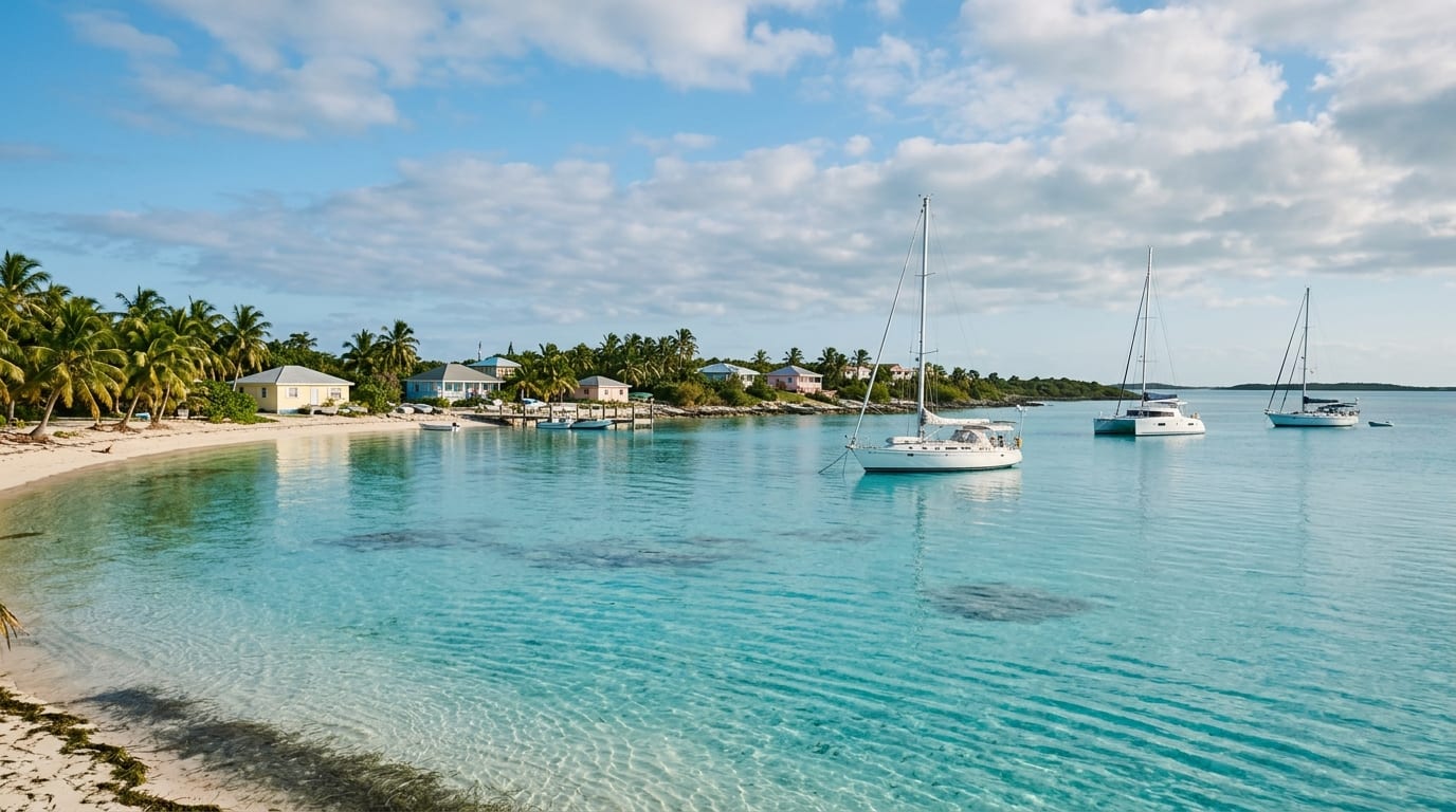 Turquoise banks-side anchorage at Little Farmers Cay with sailboats and the quiet Bahamian settlement visible on shore
