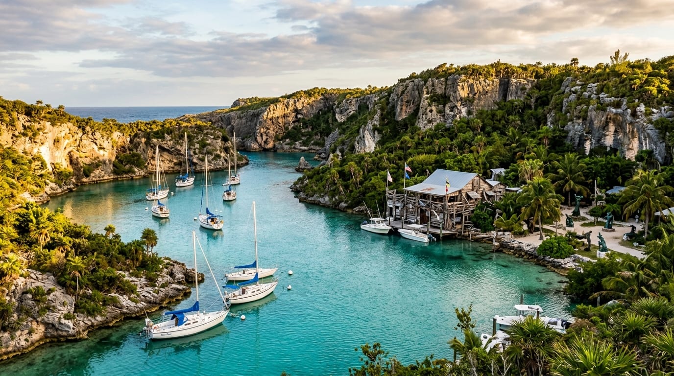 Little Harbour with its dramatic limestone cliffs, turquoise water, and Pete's Pub visible on the shore with boats on moorings