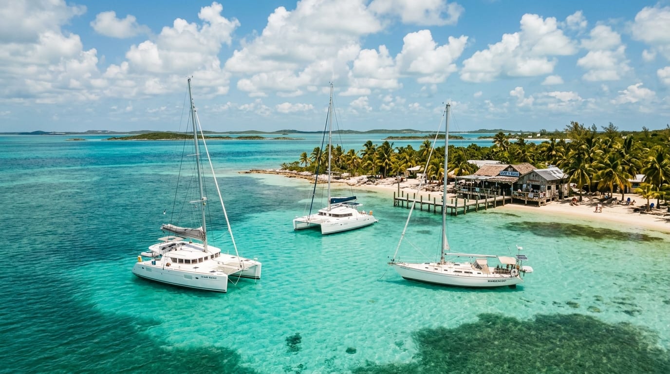 View of Little Harbour Cay anchorage with several boats at anchor in turquoise waters, Flo's Conch Bar visible on the shoreline surrounded by palm trees