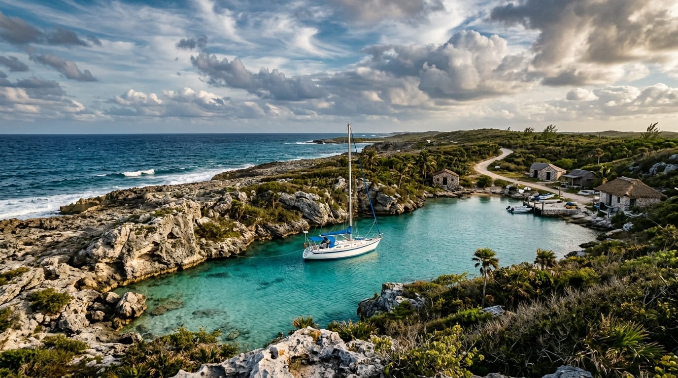 Small protected harbour with turquoise water surrounded by rocky Atlantic coastline and low vegetation typical of Long Island Bahamas