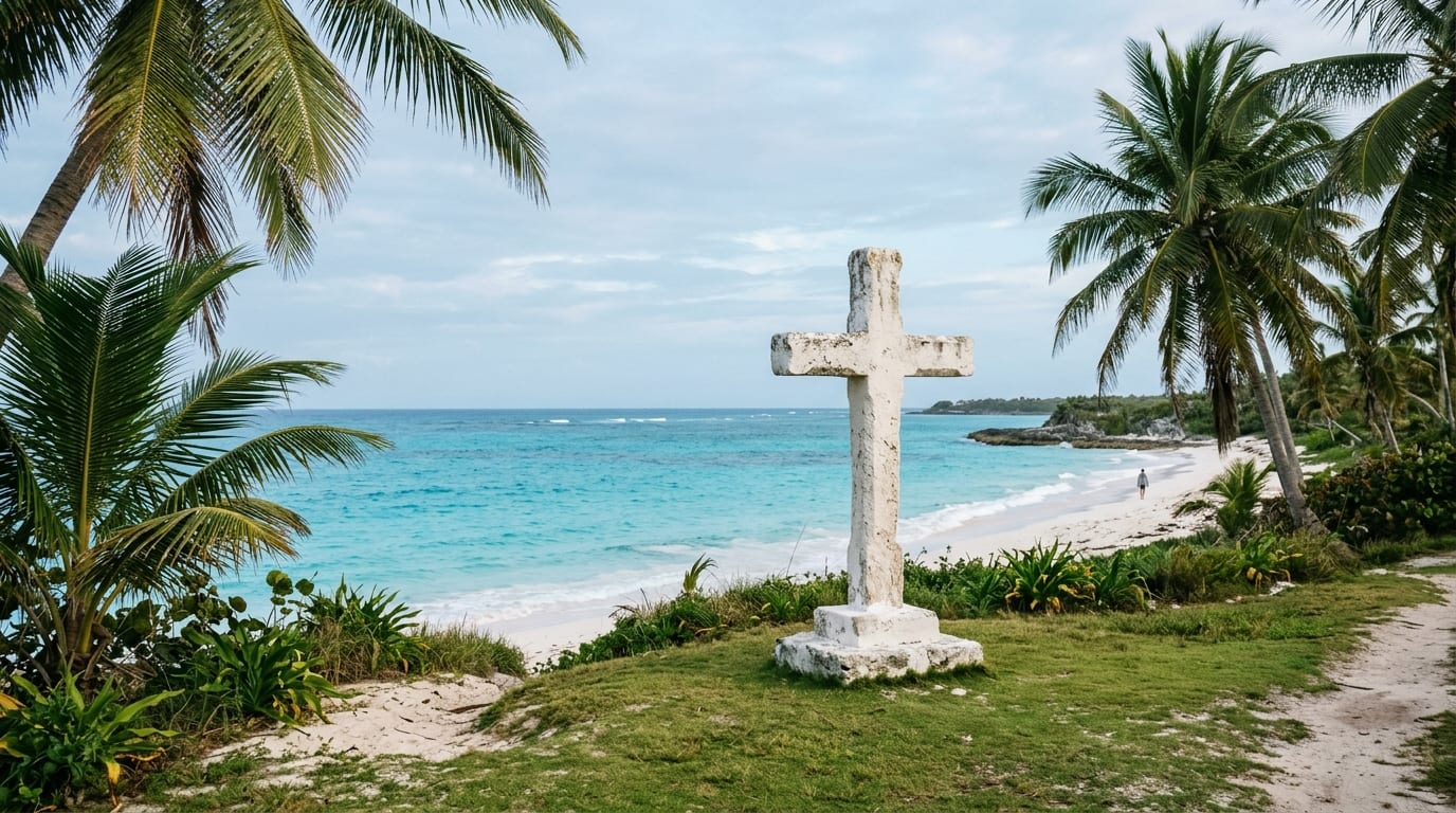 White cross monument at Landfall Park with turquoise water and beach in the background