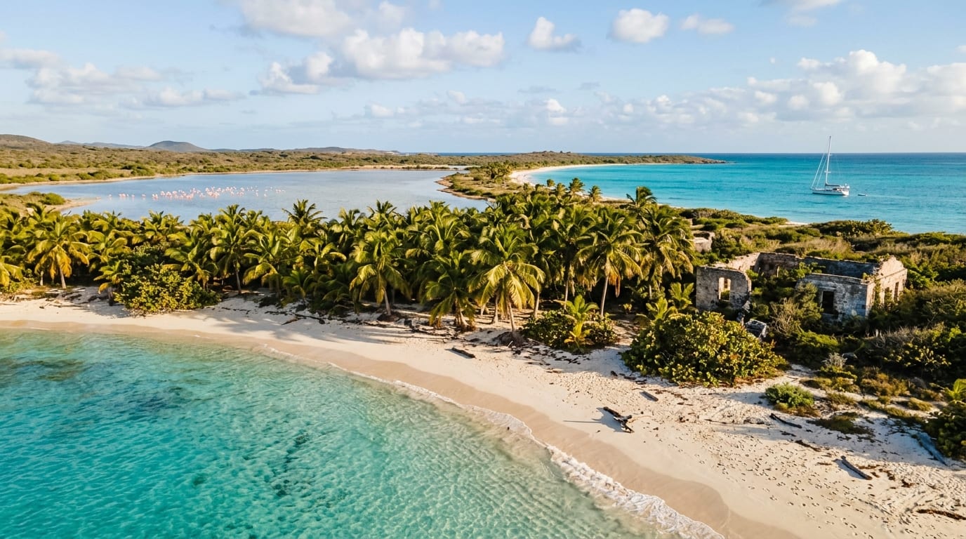 Long Cay coastline with white sand beach, coconut palms, and flamingos visible in distant salt pond behind the shore