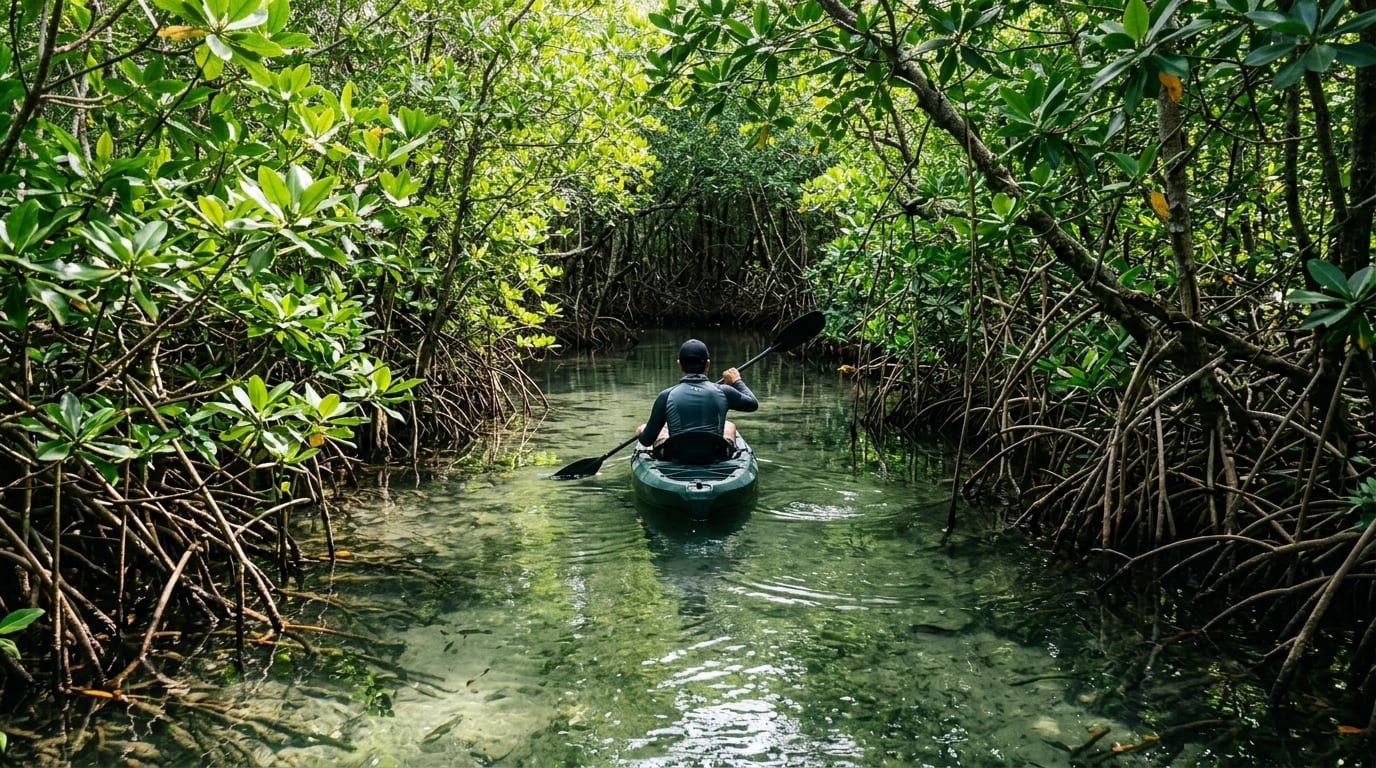 Kayakers paddling through calm mangrove-lined Gold Rock Creek in Lucayan National Park with lush green vegetation reflecting on still water