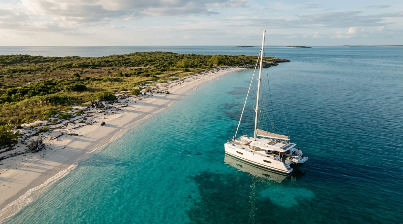 Cruising catamaran anchored in the lee of Lynyard Cay with white sand beach and low scrub vegetation under a clear blue sky