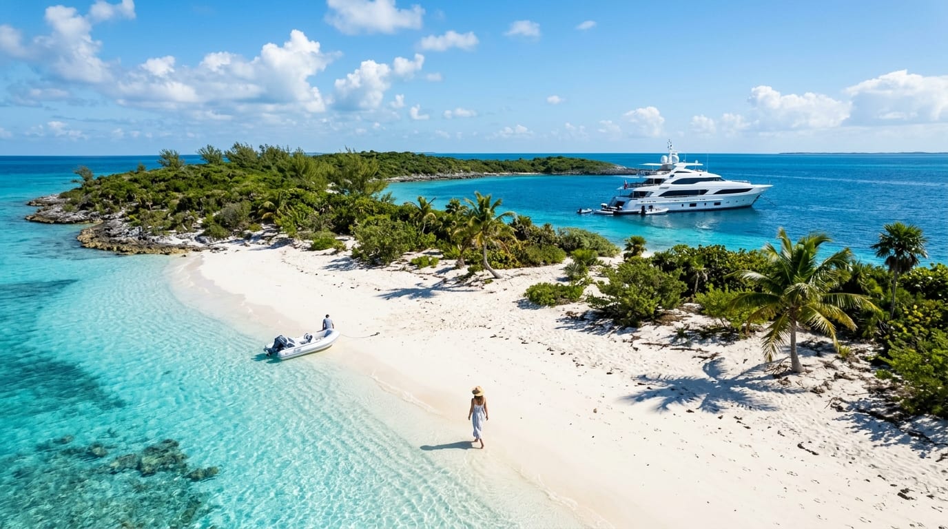 Pristine white sand beach on small uninhabited island with turquoise shallows and a luxury yacht at anchor in deeper water